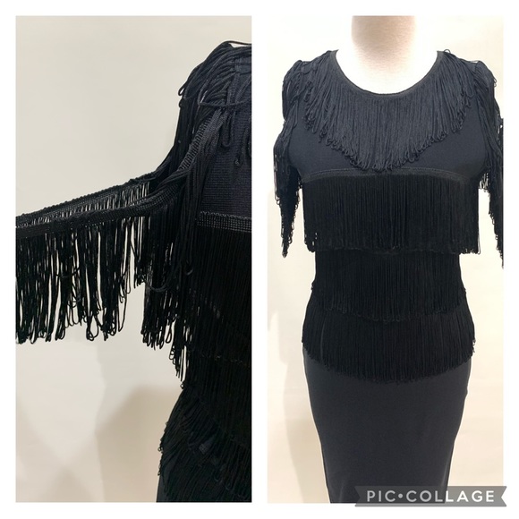 BRAND NEW JS COLLECTIONS OFF SHOULDER BLACK BANDAGE MIDI FRINGE BODICE DRESS - Picture 5 of 5